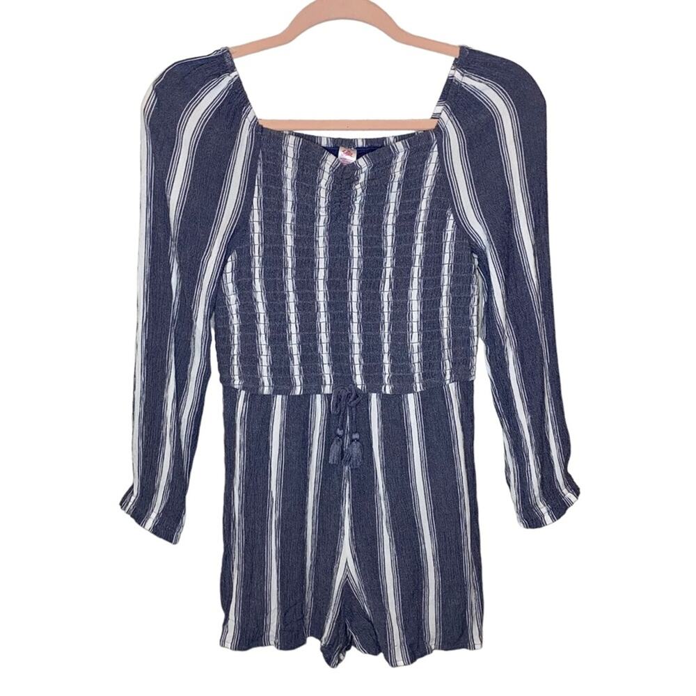 Justice Girls Blue White Striped Smocked Romper Size‎ 12 Boho Tassel